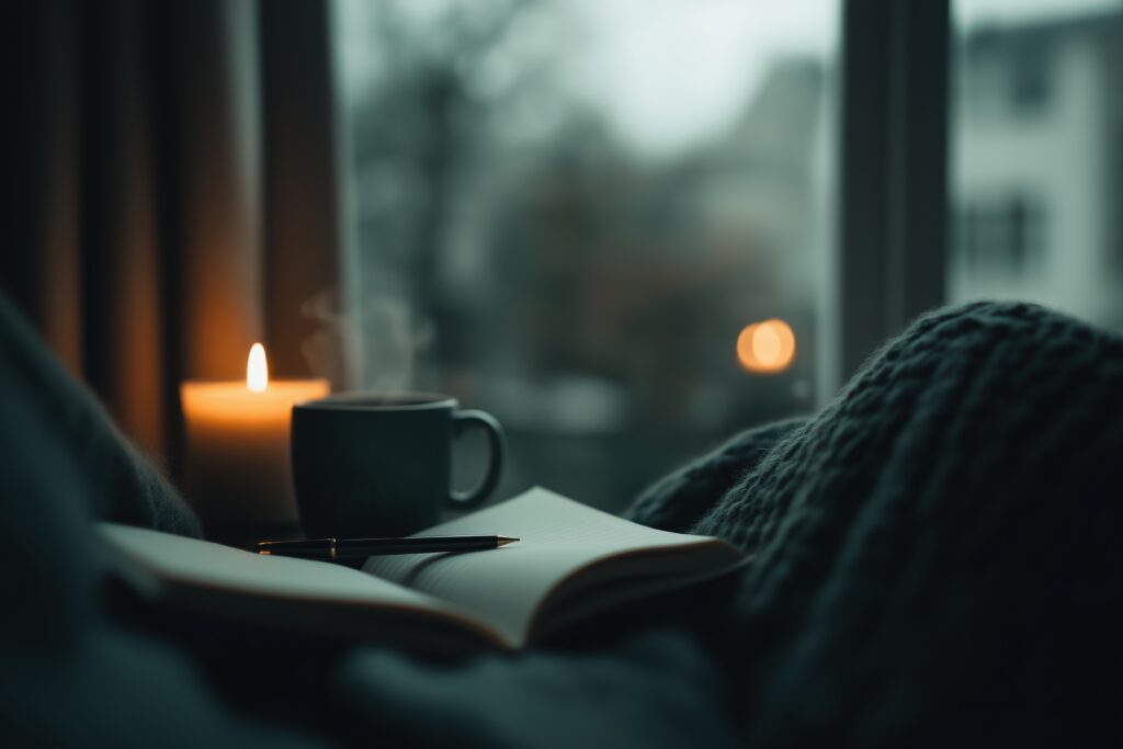relaxed person holding gratitute journal and pen, near mug and candle